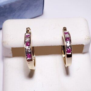 Estate .35ctw Narural Rd Ruby and Diam Channel 10Kt YG 9/16" Hoop Earrings#22723